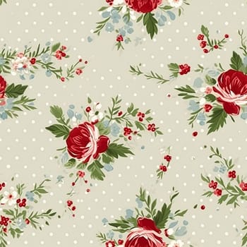 Seamless pattern, tileable Christmas holiday floral, country flowers dots print, English countryside roses for wallpaper, wrapping paper, scrapbook, fabric and product design motif