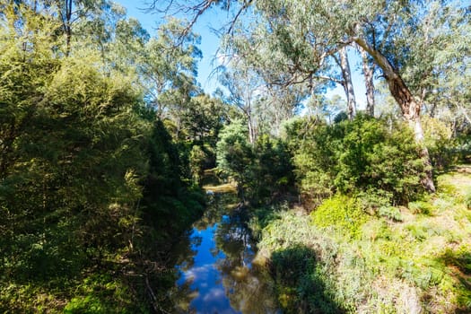 Warrandyte River Reserve and surrounding landscape on a cool autumn day in Warrandyte, Victoria, Australia.