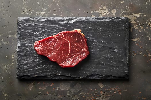 An ingredient of red meat, a piece of raw beef, is displayed on a black cutting board, ready to be used in a delicious dish
