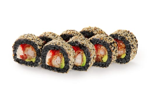 Black rice sushi roll filled with cream cheese, avocado, tempura shrimp and tobiko sprinkled with sesame seeds, isolated on white background. Japanese style snack