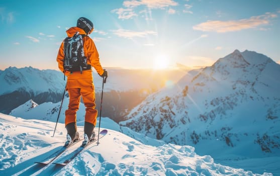 A skier in vibrant orange attire stands poised on the snowy mountain, ready to descend the pristine slopes with the stunning mountain range in the backdrop