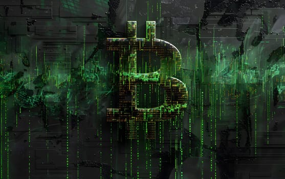 A bitcoin symbol is depicted in green numbers set against a dark background, resembling the lush foliage of a jungle at night