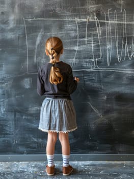 A girl stands in contemplation, gazing at the scribbled diagrams on a classroom blackboard. Her posture suggests deep thought and engagement with the subject.