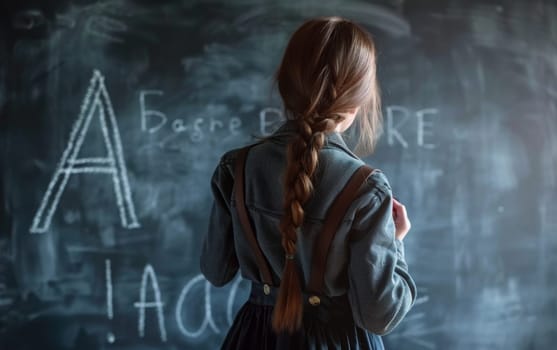 A pensive girl with a braided hair stands in front of a chalkboard, reflecting on the academic challenge before her.