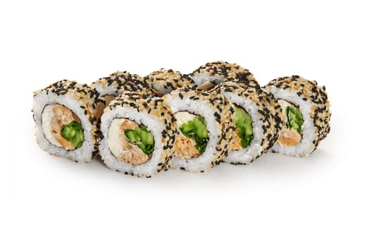 Delicious sushi rolls filled with baked tuna, cucumber, scallions and cream cheese, coated with white and black sesame seeds, displayed on white background