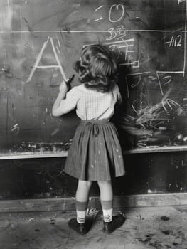 A vintage black and white image of a young child learning to write letters on a chalkboard, embodying the timeless nature of education.