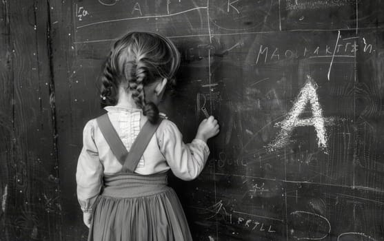 A vintage black and white image of a young child learning to write letters on a chalkboard, embodying the timeless nature of education.