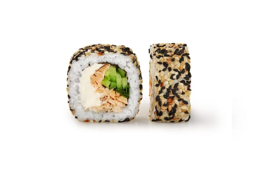 Closeup of enticing sushi roll filled with oven-baked tuna, cream cheese, and greens, encrusted with black and white sesame seed blend, presented on white background