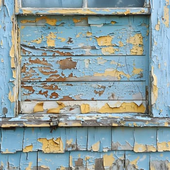 A weathered wood window with peeling azure paint on the brickwork siding, adding character to the facade of the brick wall