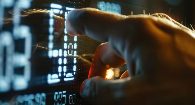 A person interacts with a glowing digital interface, the red tones casting a warm hue over the scene of modern technology.