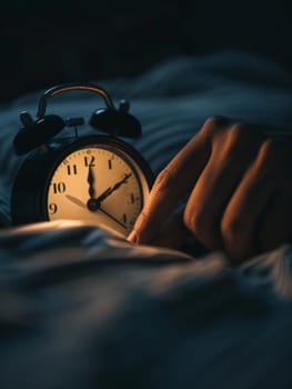 The dim light of dawn gently illuminates a hand reaching for a vintage alarm clock, a quiet moment in the early morning hours.