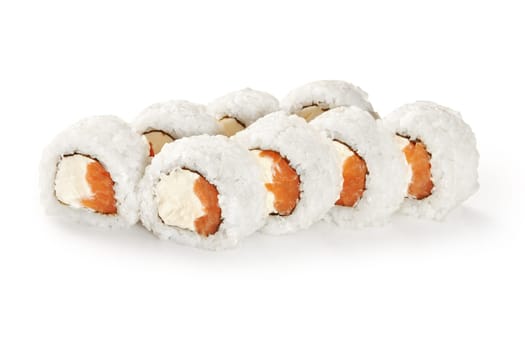 Delicious sushi rolls with delicate cream cheese and salmon filling, presented on white background. Traditional Japanese cuisine snac
