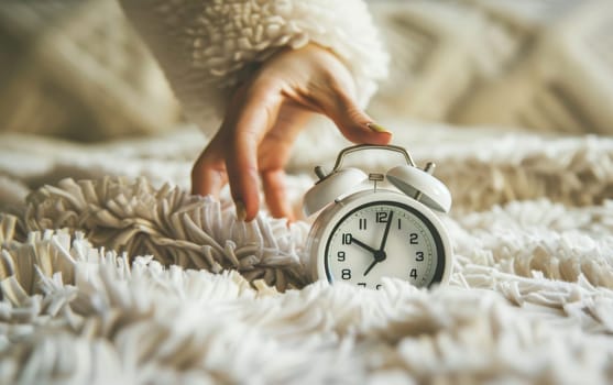 A hand reaches out to a classic alarm clock on a bed, a daily wake-up routine signaling the start of a new day.