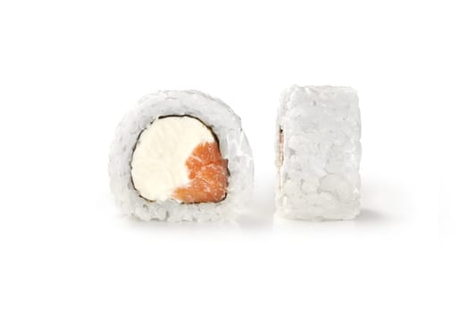 Detailed view of Philadelphia sushi rolls with smoked salmon and cream cheese filling, displayed on white background. Popular Japanese style snack