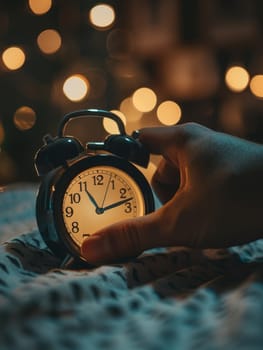 The dim light of dawn gently illuminates a hand reaching for a vintage alarm clock, a quiet moment in the early morning hours.