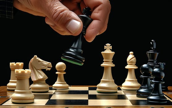 A close-up of a hand executing a strategic move on a wooden chessboard, highlighting the skill and concentration in the game.