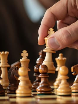 A player's hand is captured in the midst of a decisive chess move, symbolizing strategy and foresight in a competitive game.