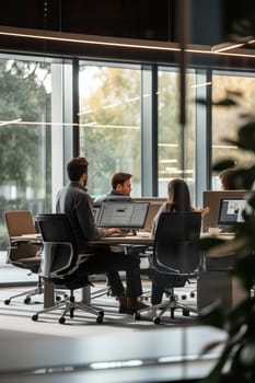 This image shows a team of diverse professionals collaborating at a spacious open-plan office with a city view. The setting is vibrant and dynamic, reflecting a modern, collaborative work culture.