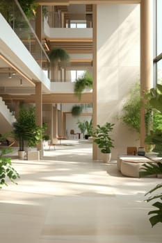 The interior of a modern atrium filled with natural light and verdant plants. The architectural design showcases a harmonious blend of wood, glass, and greenery, creating a tranquil urban oasis