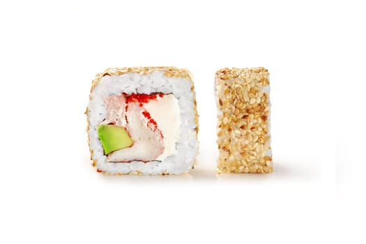 Closeup of appetizing roll stuffed with crab meat, masago roe, avocado and cream cheese topped with sesame seeds isolated on white background. Japanese cuisine. Sushi bar menu