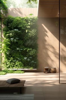 An image showcasing a serene corner of a modern home with a dense green wall and simple wooden furniture, creating a peaceful and natural retreat.