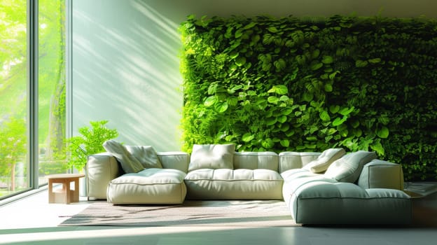 This image presents a luxurious living room with plush seating and an expansive green wall, blending comfort with a touch of nature's vitality.