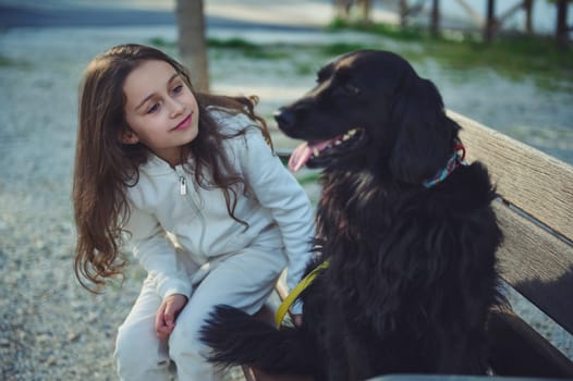 Beautiful little child girl talking to her best companion - a black young cocker spaniel dog, sitting together on the bench outdoors. Happy carefree childhood. People and animals. Playing pets concept