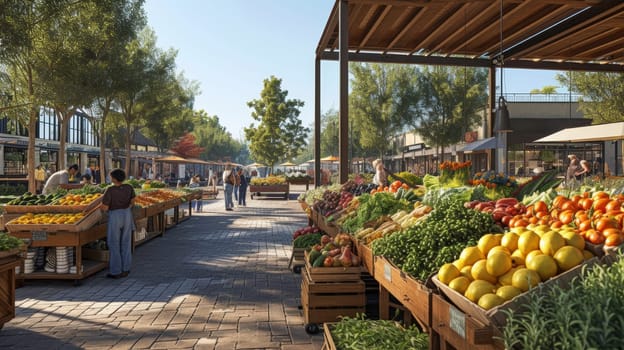 The image features a shaded alley in an outdoor market, lined with stalls offering a fresh variety of produce, inviting shoppers into a tranquil, tree-lined space.