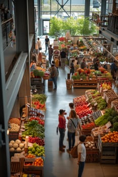 Overlooking an indoor market aisle, this image captures shoppers browsing through an array of vibrant fresh produce with an industrial-style architecture overhead.