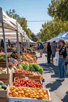 The image features a shaded alley in an outdoor market, lined with stalls offering a fresh variety of produce, inviting shoppers into a tranquil, tree-lined space.