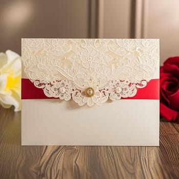 The image highlights a classic wedding invitation card with a lace overlay and pearl embellishment, evoking timeless elegance and romance.