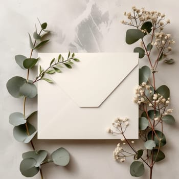 A stylish ivory envelope is adorned with a delicate arrangement of eucalyptus leaves and baby's breath, set against a textured grey background. This image captures the essence of correspondence