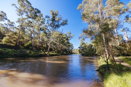 Warrandyte River Reserve and surrounding landscape on a cool autumn day in Warrandyte, Victoria, Australia.