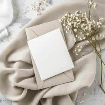 A blank white invitation envelope rests on a textured beige fabric, accompanied by the delicate whispers of baby's breath. This scene paints a picture of understated elegance and tranquility