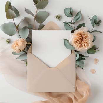 Soft tulle drapes around a beige invitation envelope, crowned by a blooming carnation and eucalyptus leaves. The composition exudes a delicate elegance, ideal for intimate celebrations