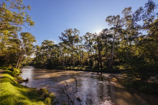 Warrandyte River Reserve and surrounding landscape on a cool autumn day in Warrandyte, Victoria, Australia.