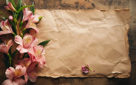 A rustic piece of aged parchment paper is gracefully framed by pink alstroemeria flowers, creating a vintage and timeless background for writing or history-themed designs.