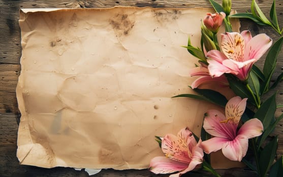 Delicate pink Alstroemeria flowers rest against a backdrop of vintage parchment on a rustic wooden surface, creating a nostalgic and romantic composition.