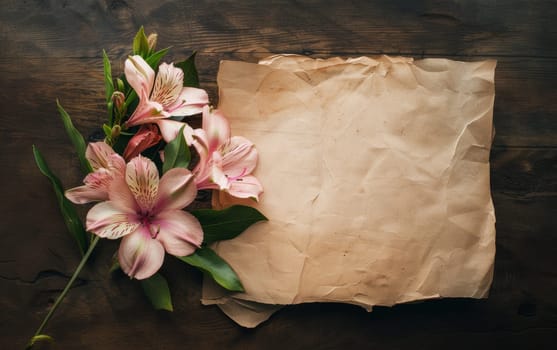 Delicate pink Alstroemeria flowers rest against a backdrop of vintage parchment on a rustic wooden surface, creating a nostalgic and romantic composition.