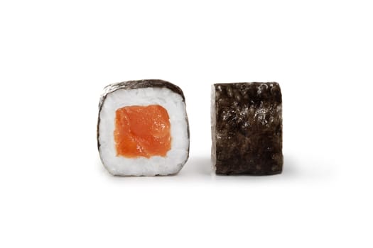 Closeup detailed view of classic maki sushi roll with fresh raw salmon fillet wrapped in rice and nori seaweed isolated on white background. Authentic Japanese restaurant cuisine