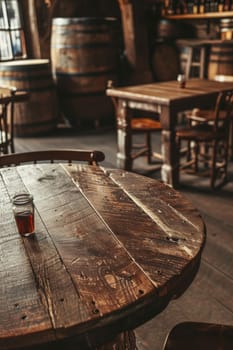 A solitary glass of amber whiskey rests on an old, weathered wooden table with a backdrop of vintage barrels, evoking a cozy, traditional pub atmosphere.