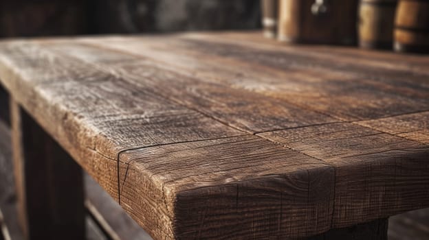 A polished wooden table stretches towards a blurred pub background, exuding a sense of depth and perspective. The rich, dark tones of the wood evoke a vintage charm and timeless character