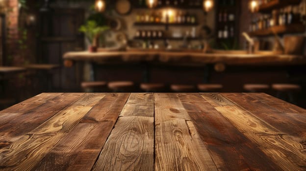 A polished wooden table stretches towards a blurred pub background, exuding a sense of depth and perspective. The rich, dark tones of the wood evoke a vintage charm and timeless character