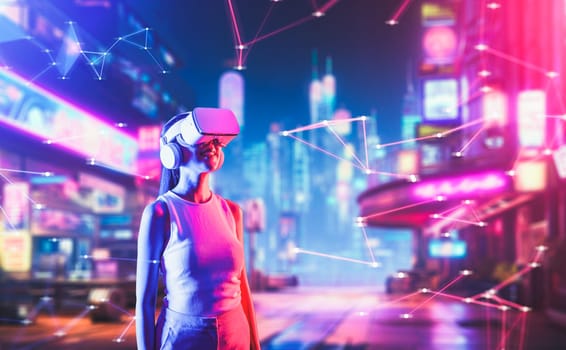 Smart female standing in cyberpunk style building in meta wear VR headset connecting metaverse, future cyberspace community technology, Woman raising head looking virtual construction. Hallucination.