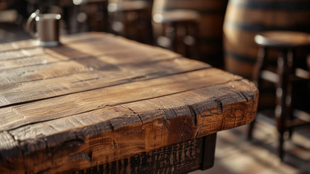 Warm sunlight bathes a rustic wooden table, highlighting the textured grain and natural imperfections. The table stands in a cozy cafe setting, inviting casual conversations and peaceful moments