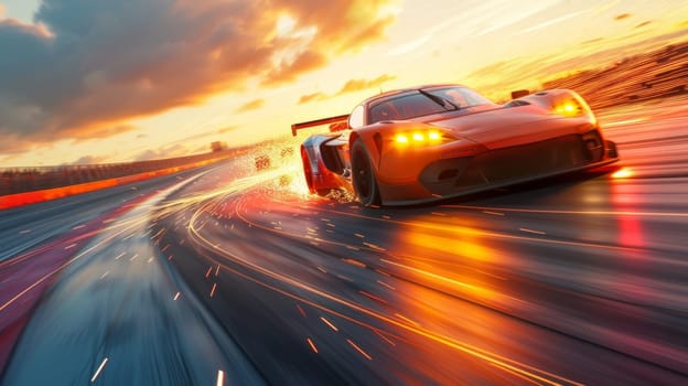 The intense competition of a car race is set ablaze with dynamic motion blur, as vehicles speed across the fiery track at sunset. The image exudes the raw power and energy of motorsport