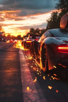 As twilight descends, a high-performance race car leaves a trail of sparks on the speedway, highlighting the thrill of the race in the dwindling light