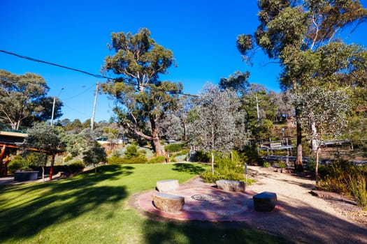 Warrandyte River Reserve and Wonguim Wilam parkland on a cool autumn day in Warrandyte, Victoria, Australia.