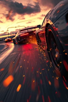 Racing cars hurtle down the track, chasing the setting sun, with wheels ablaze in sparks and light, in a perfect blend of speed, power, and twilight drama