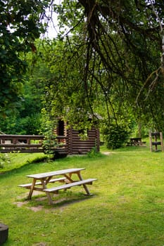 Tranquil wooden cabin in lush greenery with a picnic table, an inviting nature retreat